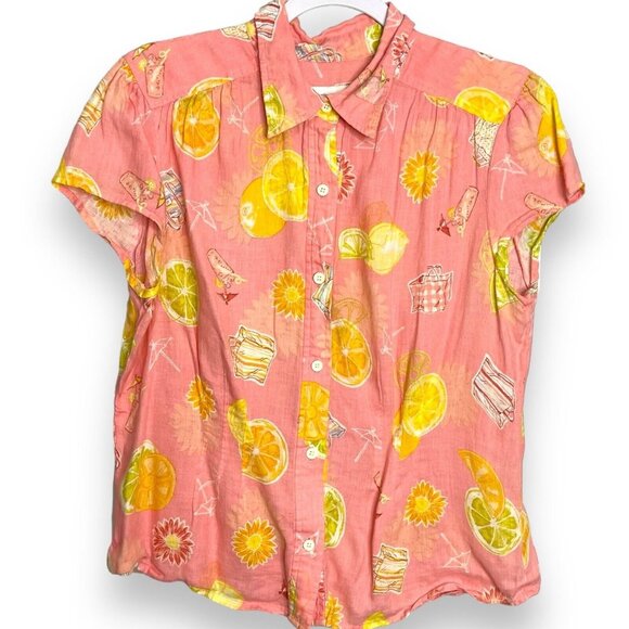 DONATED Liz Claiborne Button Up Shirt Multicolor Summer Lemon Print - Picture 1 of 10